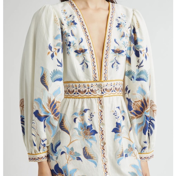 Farm Rio Mystic Blue Lotus Placed Print Long Sleeve Linen Blend Maxi Dress - Picture 3 of 15